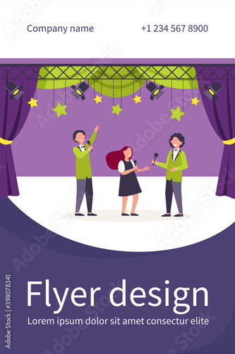 Happy children with microphones performing on stage, playing roles in school theater or singing. Vector illustration for talent show, concert, performance, childhood concept