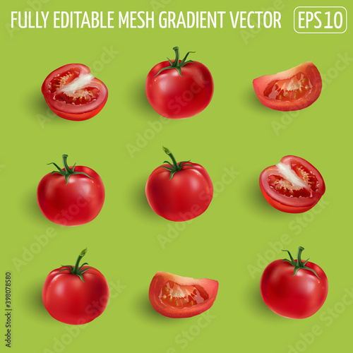 Set of ripe tomatoes on a green background.