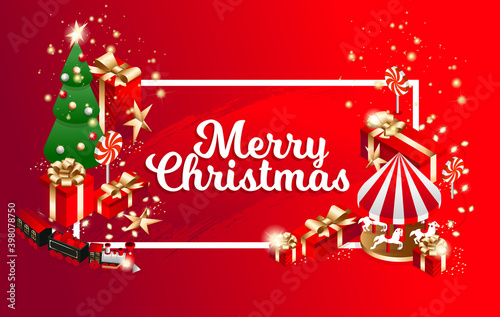 Vector isometric flat illustration. graphic design festive merry christmas and happy new year 2021. design elements on a red background isometric christmas tree with red gift boxes with golden bows