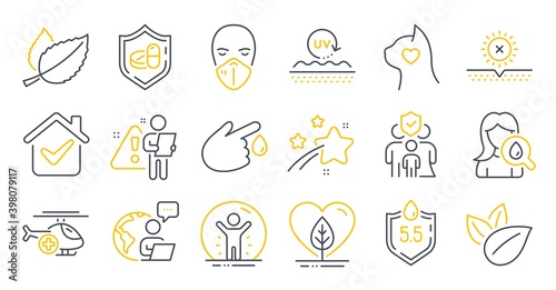 Set of Healthcare icons, such as Moisturizing cream, Medical helicopter, Family insurance symbols. Ph neutral, Local grown, Medical tablet signs. Mint leaves, No sun, Pets care line icons. Vector