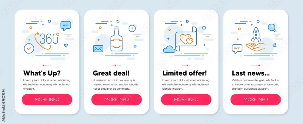 Set of Business icons, such as Whiskey bottle, 360 degree, Love letter symbols. Mobile screen banners. Crowdfunding line icons. Scotch alcohol, Virtual reality, Heart. Start business. Vector
