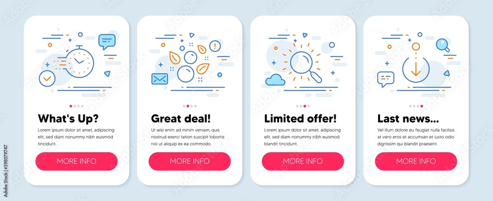 Set of Business icons, such as Search, Timer, Clean bubbles symbols. Mobile screen app banners. Scroll down line icons. Find document, Deadline management, Laundry shampoo. Swipe screen. Vector