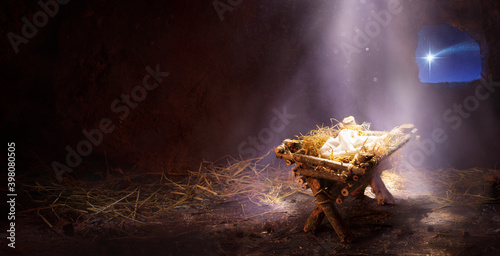 Fototapeta Waiting For The Messiah - Empty Manger With Comet Star Coming