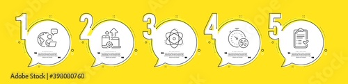 5g internet, Atom and Seo devices line icons set. Timeline process infograph. Approved checklist sign. Fast transmission, Electron, Mobile stats. Accepted message. Business set. Vector