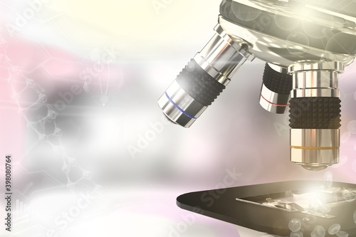 Medical development concept, laboratory modern scientific microscope on colorful overlay background - medical 3D illustration