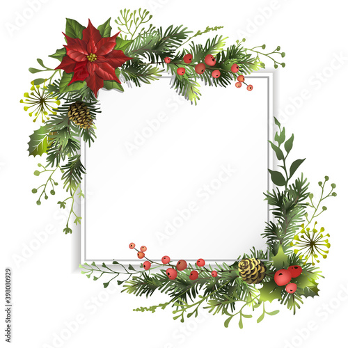 Christmas New Year frame design template with fir branches, poinsettia, red berries and cones.
