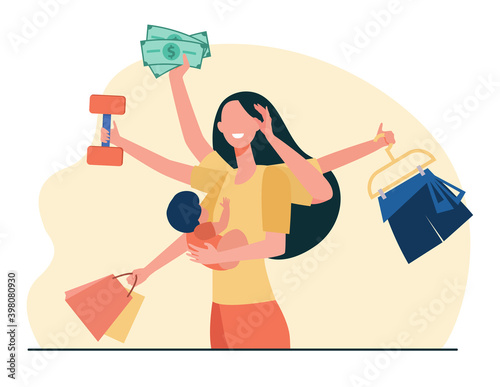 Mom practicing multitasking. Woman holding baby, carrying shopping bags, lifting weight flat vector illustration. Busy mother, motherhood concept for banner, website design or landing web page