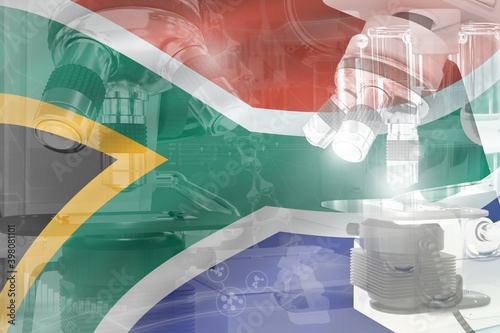 Microscope on South Africa flag - science development conceptual background. Research in biochemistry or clinical medicine, 3D illustration of object