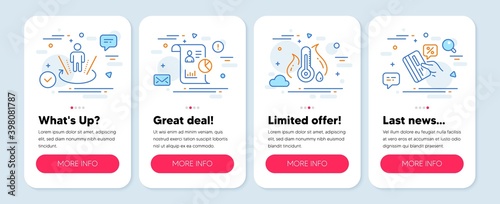 Set of line icons, such as Fever temperature, Report, Augmented reality symbols. Mobile screen mockup banners. Credit card line icons. Thermometer, Work statistics, Virtual reality. Vector