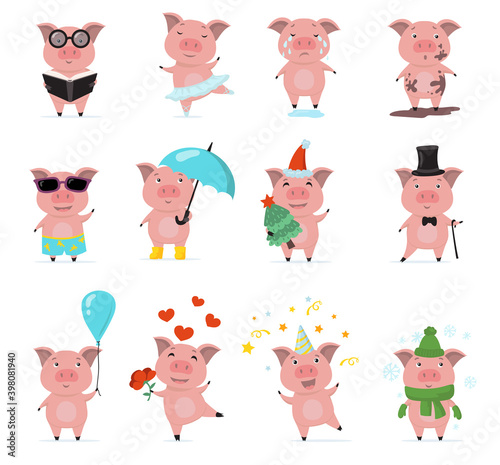 Cute piggy characters flat set for web design. Cartoon funny little pigs posing, reading, dancing and crying isolated vector illustration collection. Animals, actions and emotions concept