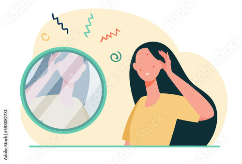 Girl suffering from skin problems. Woman with acne looking in mirror flat vector illustration. Cosmetology, health care concept for banner, website design or landing web page