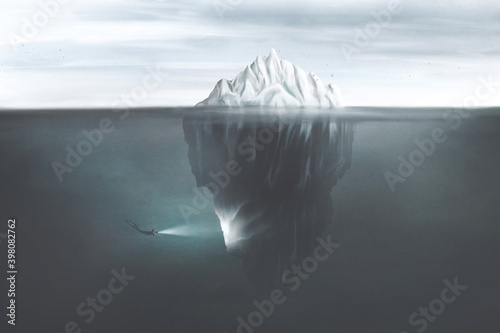 illustration of scuba diver with torch illuminating the dark side of the iceberg underwater, surreal mind concept photo