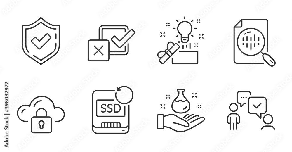 Recovery ssd, Chemistry lab and Creative idea line icons set. Analytics chart, Checkbox and Confirmed signs. Consulting business, Cloud protection symbols. Quality line icons. Vector Recovery ssd, Chemistry lab and Creative idea line icons set. Analytics chart, Checkbox and Confirmed signs. Consulting business, Cloud protection symbols. Quality line icons. Vector