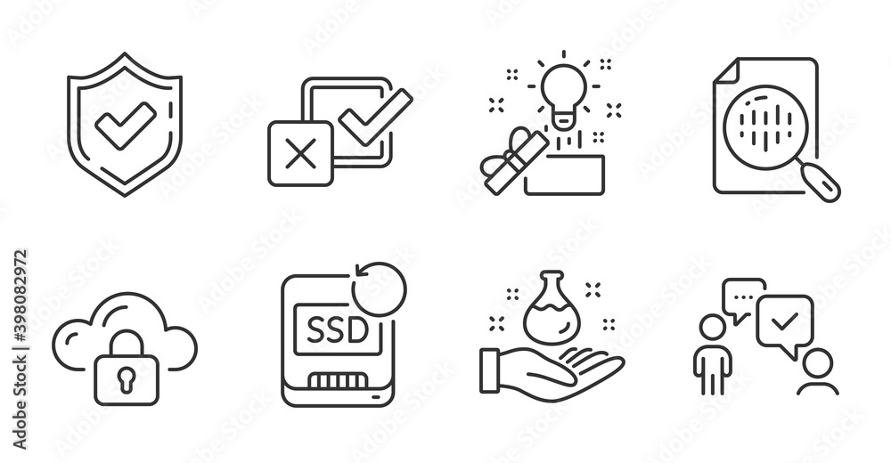 Recovery ssd, Chemistry lab and Creative idea line icons set. Analytics chart, Checkbox and Confirmed signs. Consulting business, Cloud protection symbols. Quality line icons. Vector