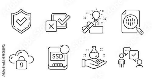 Recovery ssd, Chemistry lab and Creative idea line icons set. Analytics chart, Checkbox and Confirmed signs. Consulting business, Cloud protection symbols. Quality line icons. Vector