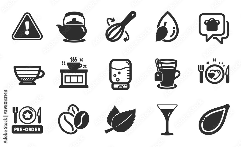 Water cooler, Water drop and Coffee beans icons simple set. Cooking hat, Cappuccino and Pre-order food signs. Cooking whisk, Mint leaves and Pumpkin seed symbols. Flat icons set. Vector