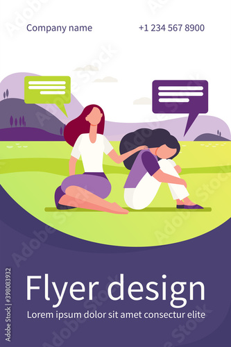 Friend talking and consoling sad woman. Nature, speech bubble, support flat vector illustration. Depression and melancholy concept for banner, website design or landing web page