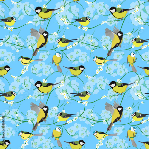Seamless vector pattern with titmouse and blooming plants. Birds and white flowers on blue background  for textile decoration, packaging
