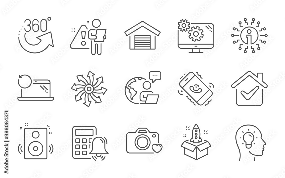 Call center, Info and Speakers line icons set. Startup, Versatile and Settings signs. Parking garage, Recovery laptop and Idea head symbols. 360 degrees, Calculator alarm and Photo camera. Vector Call center, Info and Speakers line icons set. Startup, Versatile and Settings signs. Parking garage, Recovery laptop and Idea head symbols. 360 degrees, Calculator alarm and Photo camera. Vector