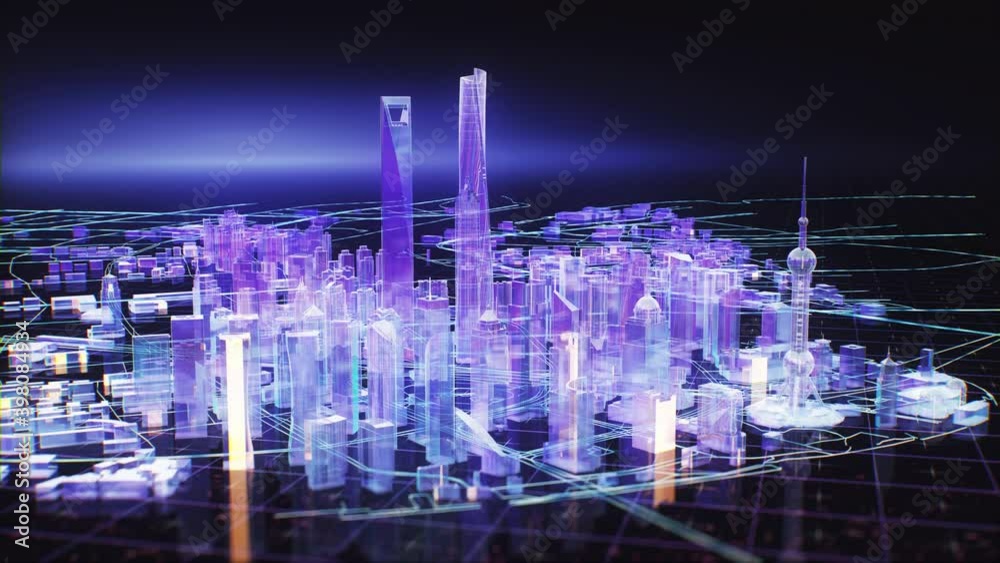 Neon colorful hologram of the city on a dark background. Shanghai city, China. Cyberpunk concept. Digital 3D-Rendered animation. Neon colorful hologram of the city on a dark background. Shanghai city, China. Cyberpunk concept. Digital 3D-Rendered animation.