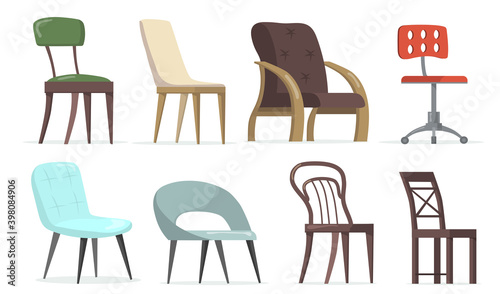 Chairs and armchairs set. Home and office furniture, seats for living rooms or workplaces. Vector illustrations for interior design, furniture store concept