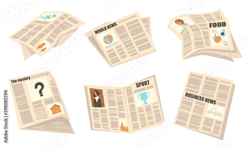 Front pages set. Newspapers with headlines, articles and pictures, sport, business, world news. Vector illustrations for press, publication, tabloid concept