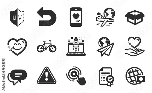 Start business, World medicine and Smile face icons simple set. International flight, Certificate and Hold heart signs. Uv protection, Text message and Bicycle symbols. Flat icons set. Vector