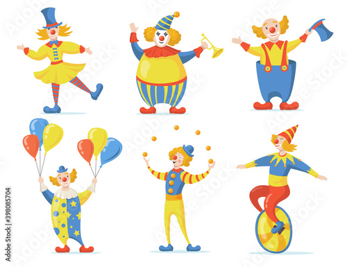 Cute clowns set. Circus and carnival performers dancing, juggling, riding monocycle. Vector illustrations for entertainment, fun, holiday concept
