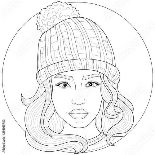 Girl in a hat.Coloring book antistress for children and adults. Zen-tangle style.Black and white drawing