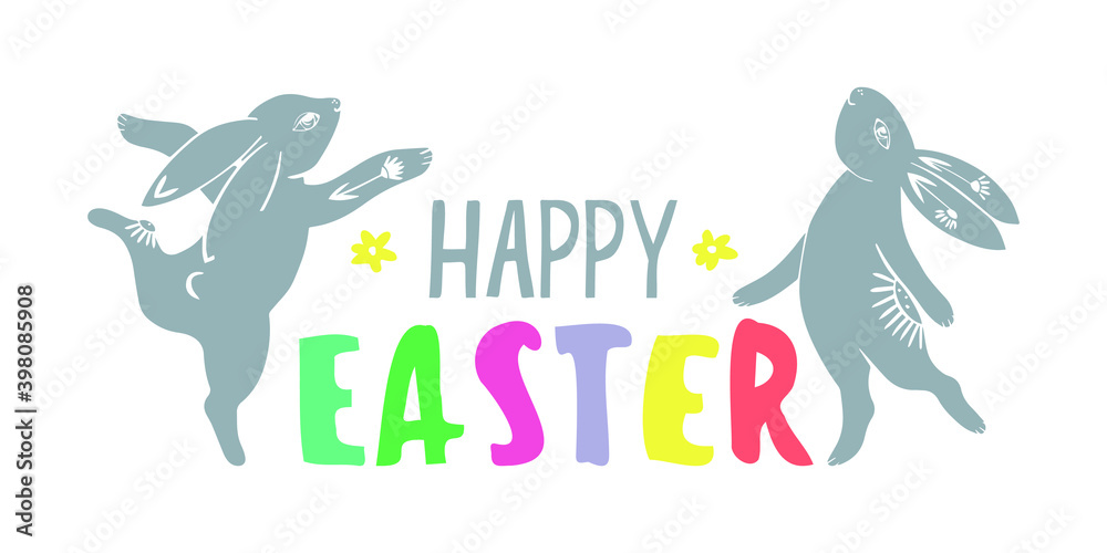 Dancing bunnies with hand drawn lettering Happy Easter. Flat banner. Holliday lettering.