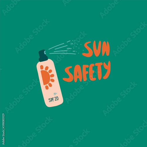 Lettering with spray Safety in the sun. Sunscreen lettering. Hand drawn illustration sun protection Safety in the sun. Poster in vector beautiful summer composition sun Protection. Vector illustration