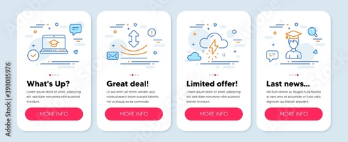 Set of Science icons, such as Website education, Resilience, Thunderstorm weather symbols. Mobile screen app banners. Student line icons. Video learning, Elastic, Thunder bolt. Graduation cap. Vector