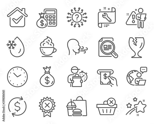 Business icons set. Included icon as Fragile package, Delete purchase, Reject medal signs. Time, Finance calculator, Coffee cup symbols. Check article, Breathing exercise, Spanner. Vector