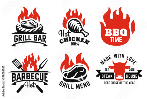 BBQ emblem on fire set for menu and cafe