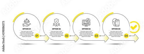 Like video, Justice scales and Security agency line icons set. Timeline process infograph. Face biometrics sign. Thumbs up, Judgement, Body guard. Facial recognition. People set. Vector