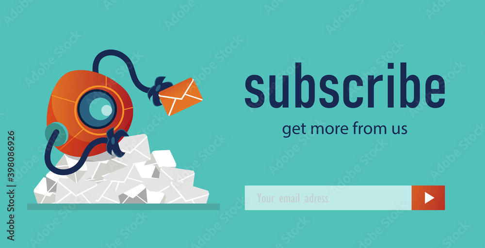 Vetor de Newsletter design with robot. Circular machine with arms ...