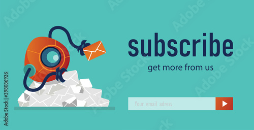 Newsletter design with robot. Circular machine with arms collecting letters vector illustrations with subscribe button, boxes for email address, Robotics concept for subscription letter design