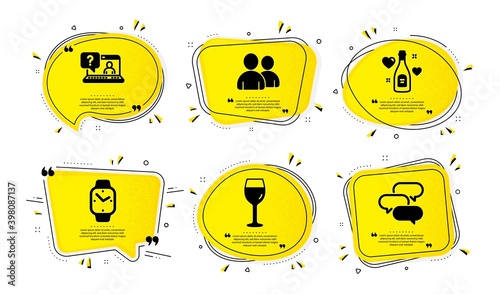 Love champagne, Users and Wine glass icons simple set. Yellow speech bubbles with dotwork effect. Faq, Smartwatch and Talk bubble signs. Valentines day, Couple of people, Bordeaux glass. Vector