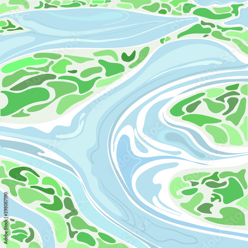 flowing river between green areas of land top view