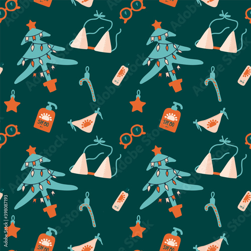 Safety in the sun new year. New year on the beach pattern. Vector illustrations hand-drawn swimsuit, sun glasses, sun protection cream, Christmas tree, Christmas tree decorations. Beautiful Christmas