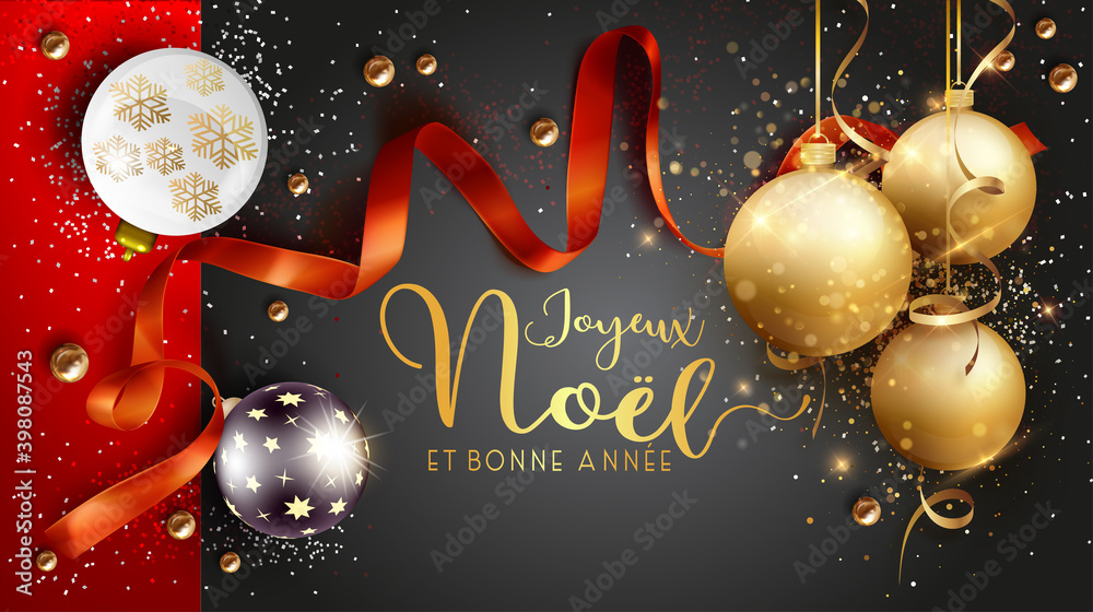 carte ou bandeau sur joyeux Noël et Bonne Année en or sur une fond gris et rouge avec  des boules de Noël un ruban rouge  et des paillettes argentées et or