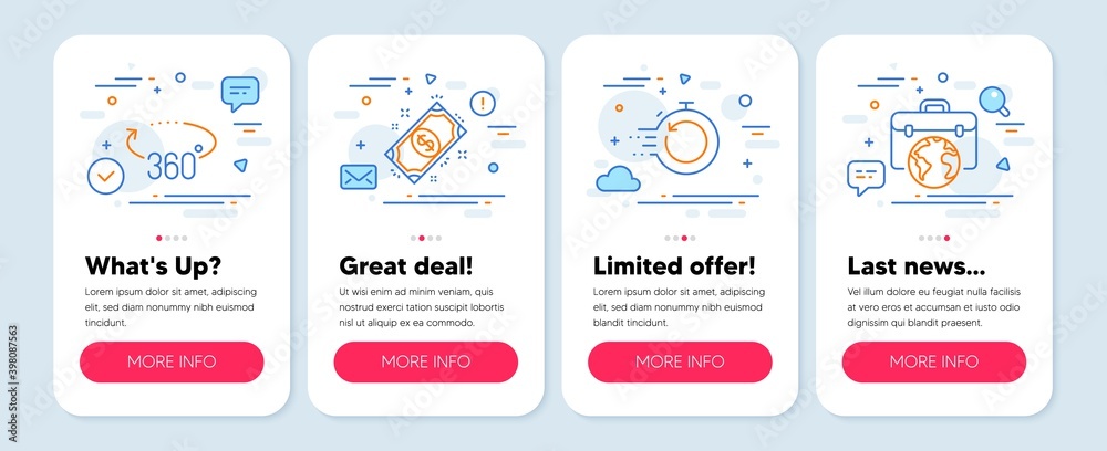 Set of line icons, such as Payment, 360 degrees, Fast recovery symbols. Mobile app mockup banners. Businessman case line icons. Finance, Full rotation, Backup timer. Outsourcing business. Vector