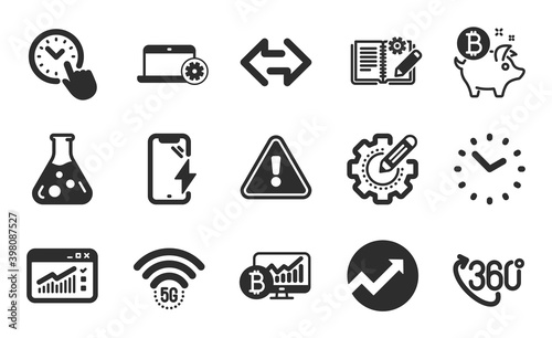 Engineering documentation, Audit and 5g wifi icons simple set. Settings gear, Web traffic and Bitcoin coin signs. Time management, Sync and Time symbols. Flat icons set. Vector
