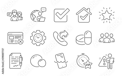 Reject web, Medical drugs and Time management line icons set. Checkbox, Smartphone waterproof and Vip timer signs. People talking, Share call and Agreement document symbols. Line icons set. Vector