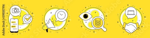 Photo camera, Time and Shoulder strap line icons set. Cell phone, megaphone and deal vector icons. Laptop sign. Love photos, Clock, Army rank. Mobile computer. Education set. Vector