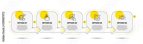Eco food, Head and Organic tested line icons set. Timeline process flowchart. Health eye sign. Organic tested, Profile messages, Paraben. Optometry. Healthcare set. Vector