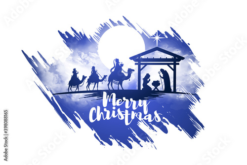 vector illustration Birth of Christ, baby Jesus reaching the Magi bear gifts, three wise kings and star of bethlehem, nativity christmas graphics design elements