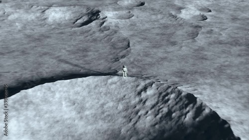 An astronaut stands on the surface of the moon among craters against the backdrop of the planet earth. Outer space. Ultra realistic 3d animation