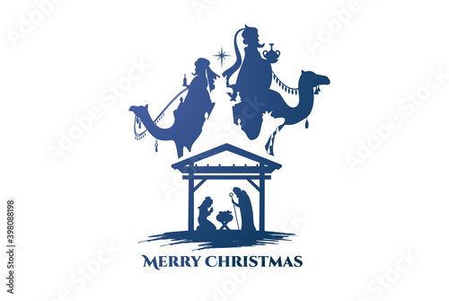 vector illustration Birth of Christ, baby Jesus reaching the Magi bear gifts, three wise kings and star of bethlehem, nativity christmas graphics design elements
