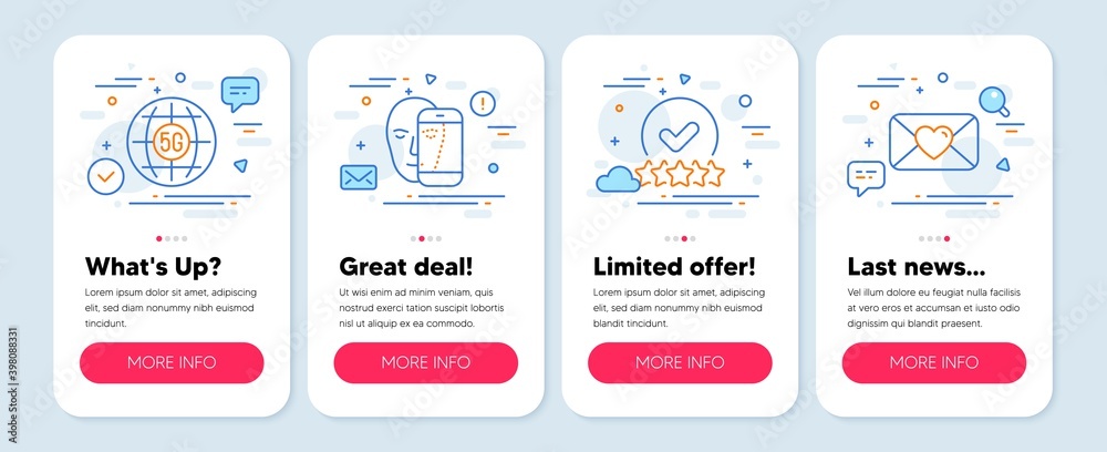 Set of line icons, such as Face biometrics, 5g internet, Rating stars symbols. Mobile screen app banners. Valentine line icons. Facial recognition, Wifi communication, Verified rank. Vector